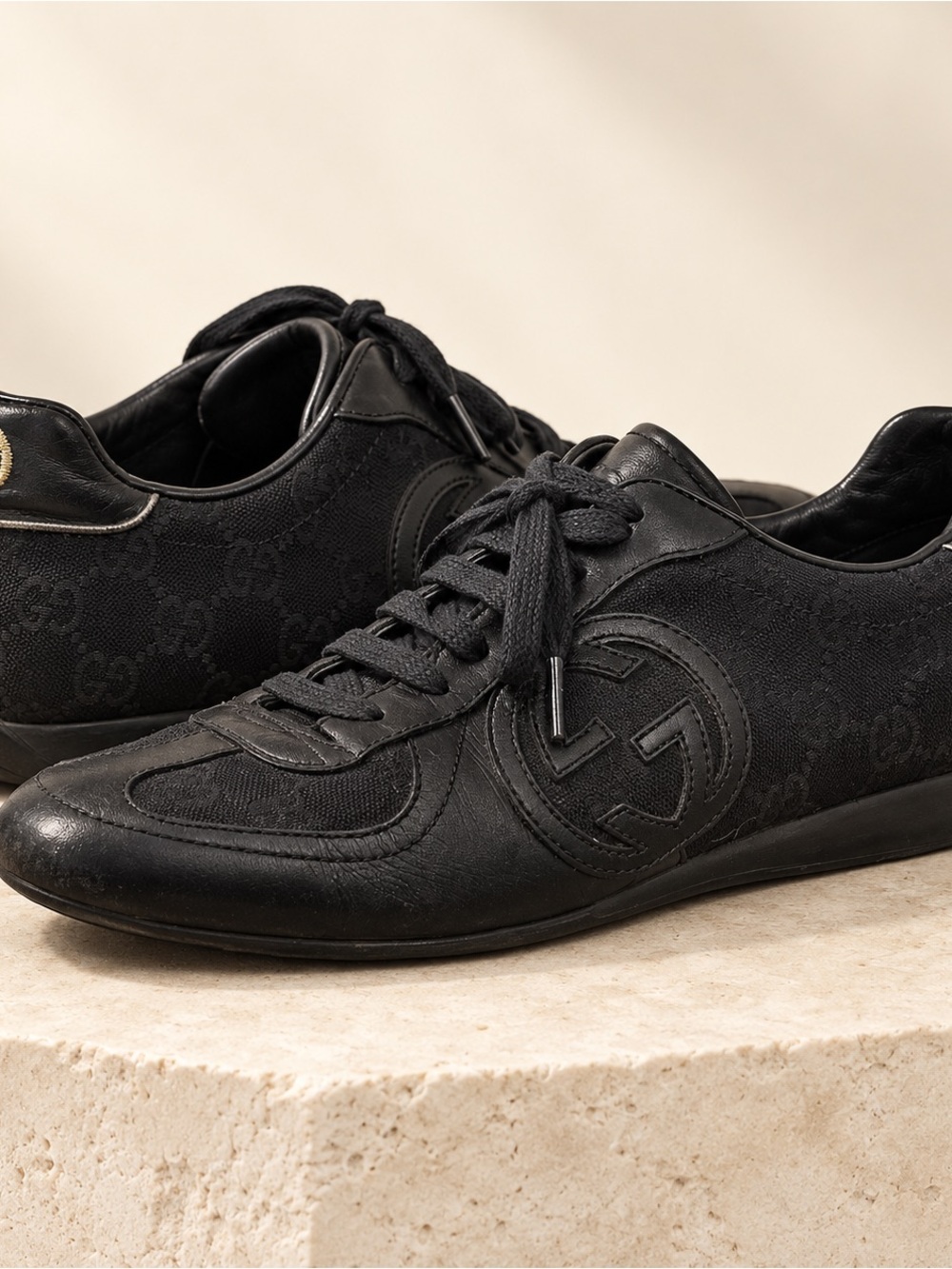 Authentic Gucci Black GG Monogram Leather Sneakers Size 36.5 Box